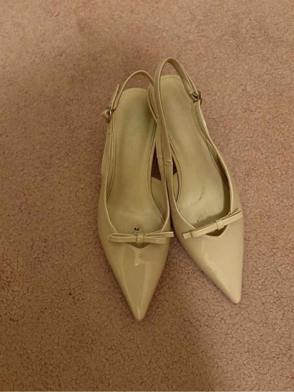 Women’s Beige Patent Pointed-Toe Slingback Flats